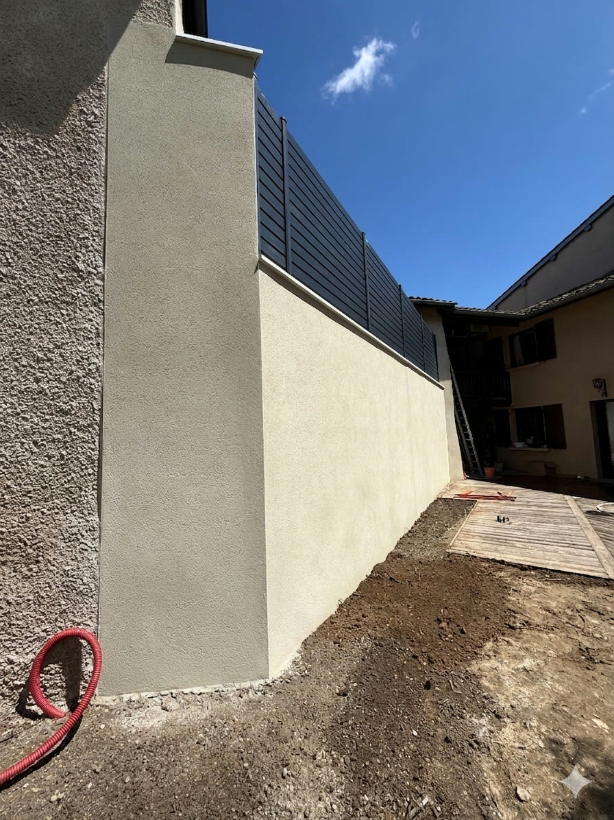 Mur en pisé repris, enduit et terminé avec clôture